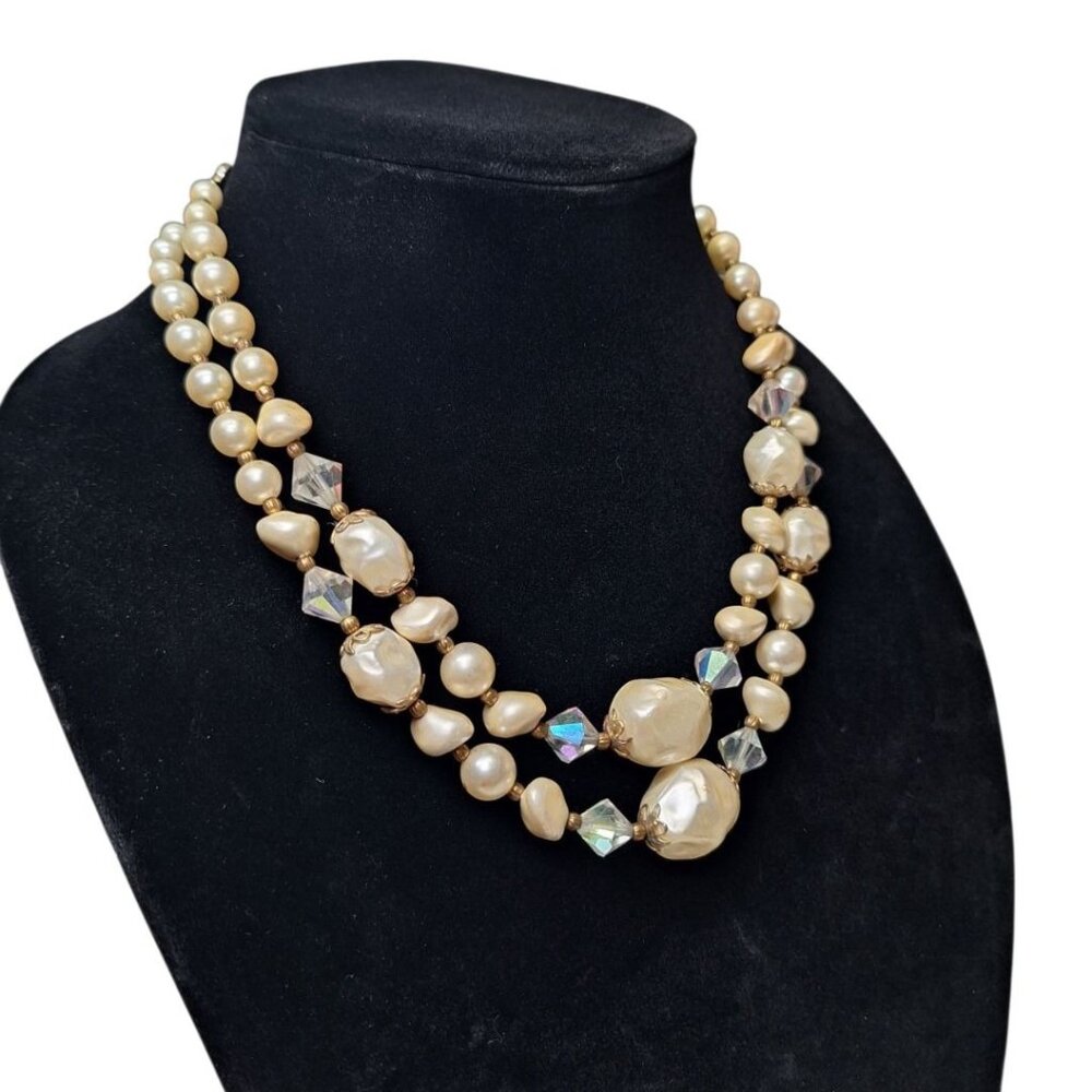 VTG Necklace 18 Inch Plastic Bead Faux Pearl Crystal Style Double‎ Strand Twist